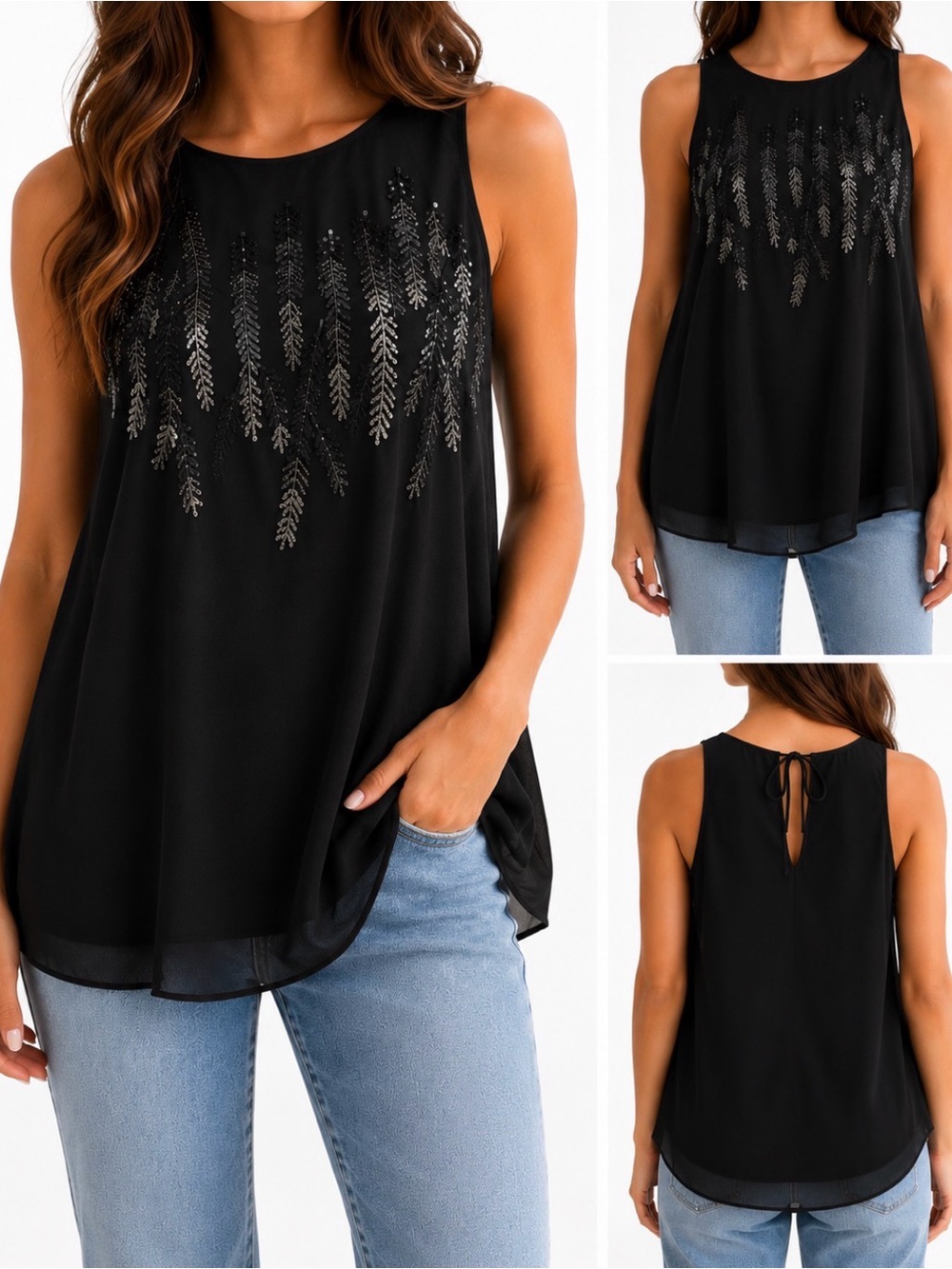 NWT White House Black Market Sleeveless Black Beaded V-Neck Women's Top
